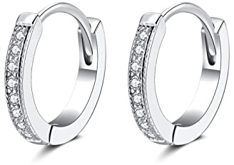 SNORSO 925 Sterling Silber Creolen Ohrringe für Damen, Unisex 13mm Klein Schlafen Silber Creolen Ohrringe mit Weiß Zirkonia, Geschenk zum Weihnachten