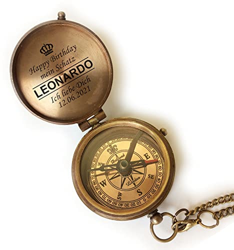 Personalisierter Kompass Vintage Optik mit Wunschgravur und Ledertasche Dein Name und Text Verschiedene Designs tolle Geschenkidee (Kompass mit Ledertasche)