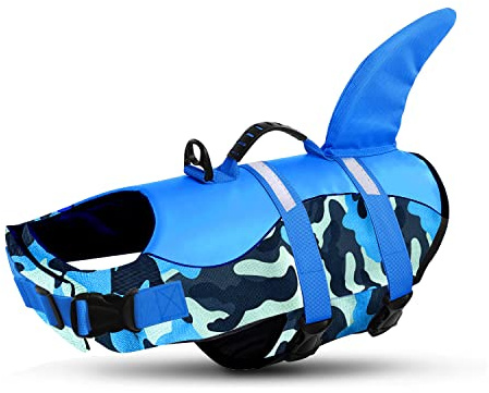 Queenmore Giubbotto di salvataggio per cani in ripstop con squalo, regolabile, con elevata galleggiabilità e manico di salvataggio resistente, per cani di taglia piccola, media e grande, mimetico blu