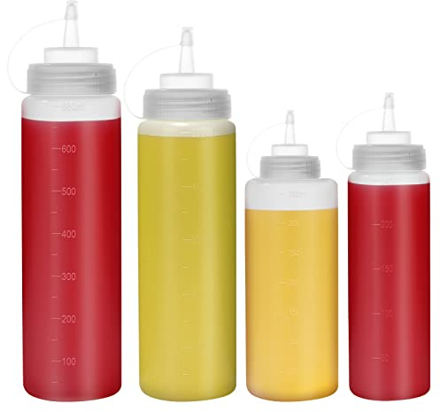 Flacons souples avec bouchons, Happybase Lot de 4 flacons souples pour sauces, 240 ml 370 ml 480 ml 660 ml en plastique avec mesures pour ketchup, barbecue, sauces, sirop, vinaigrettes