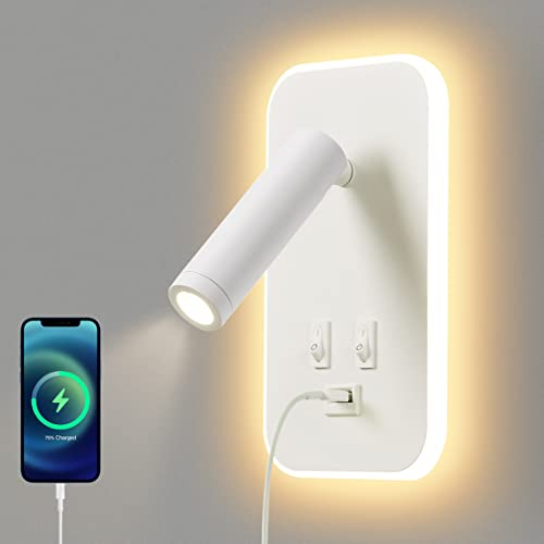 AWEKLIY LED Leselampe Wandlampe USB-Aufladung mit Schalter Verstellbarer Strahler Wandleselampe Bettlampe Nachtlicht Wandleuchte innen Leselicht Schwenkbar Schlafzimmer Hotels（3W 3100K +9W 6000K）Weiß