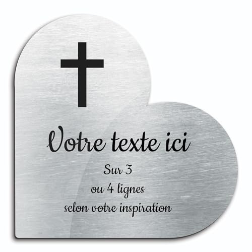 OCAP-FUNERAIRE.COM Gedenktafel mit Gravur, Motiv christliches Kreuz, selbstklebend, Modell Herz (15 x 15 cm), personalisierbar, 1 bis 3 Reihen, gebürstetes Aluminium