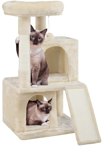 Yaheetech Arbre à Chat avec Griffoir et Poteaux en Sisal Centre d'activités 2 Niches 1 Boule de Peluche et 1 Platforme 49 x 45,5 x 91 cm Beige