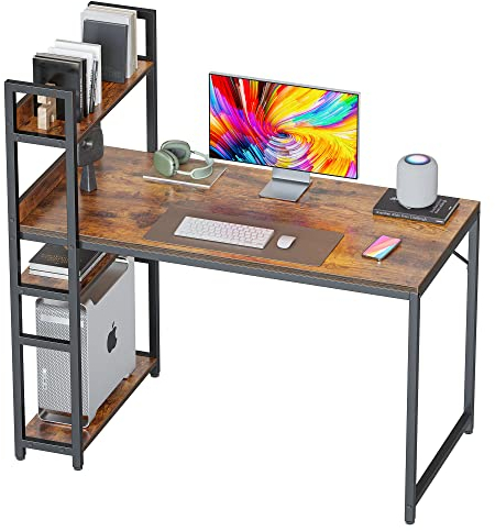 CubiCubi Schreibtisch, 100 x 50cm Groß Computertisch mit Regal rechts oder Links, Pc Gaming Tisch, Bürotisch fürs Büro Wohnzimmer, Stabil Stahlgestell schreibtische, Braun