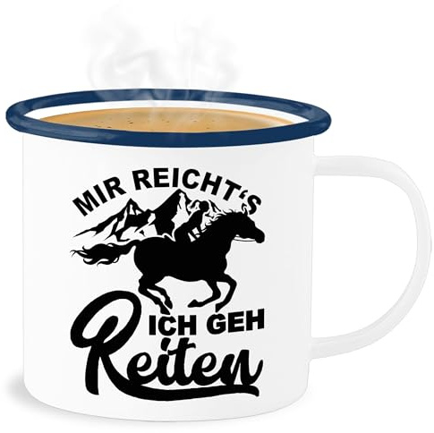 Emaille Becher Blechbecher - Pferde Tassen - Mir reicht's ich geh reiten mit Pferd - schwarz - 300 ml - Weiß Blau - reit sprüche gehe tasse reiter pferdebesitzer horse pferden pferde-print