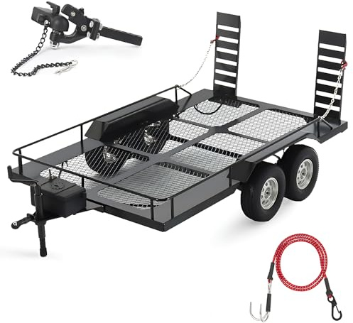 RC Trailer Metal 1/10 Scale Trailer Kit, for RC Crawler axial SCX10 D90 Wrangler TRX6 TRX4 Redcat GEN8 RGT 86100 SMT CFX CC01 CC02 LC80 trx4 Upgrades (RC Trailer Kit and Elastic Kinetic Winch Strap)