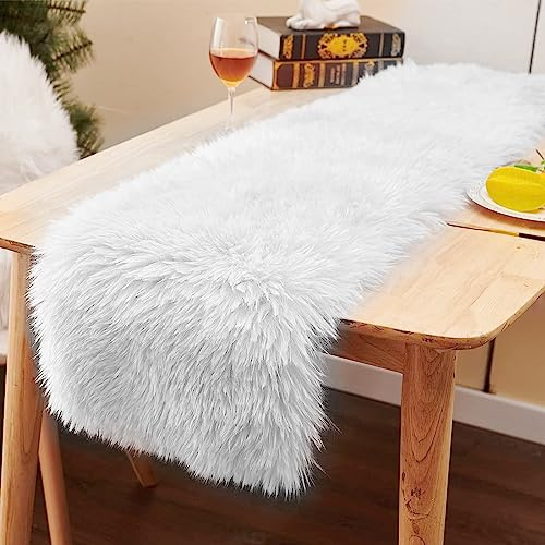 Gukasxi Kunstfell Tischläufer - Dekofell für Weihnachten, Hochzeit, Schminktisch - Weiß 38 x 183 cm