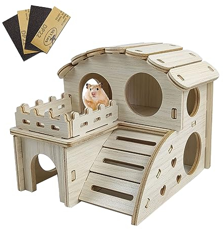 Zzcy Hamsterhaus aus Holz,Zwerghamster Zubehör Haus,Hamster Mehrkammerhaus Spielzeug,Nager Haus,2 Etagen Hamsterkäfig Versteck für Wüstenrennmäuse, Degus, Stachelmäuse, Zwerghamster (18 * 16 * 16cm)