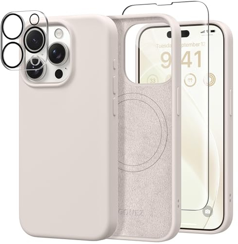 GONEZ for iPhone 15 Pro Case Compatible with Magsafe, [Screen Protector + Camera Lens Protector], Soft Silicone Shockproof Anti-Scratch Full Body Protective Phone Case 6.1 2023, Stone