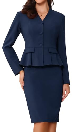 Allegra K Conjunto de 2 piezas de traje de negocios para mujer, manga larga, sin cuello, peplum, blazer, faldas lápiz, azul oscuro, XS