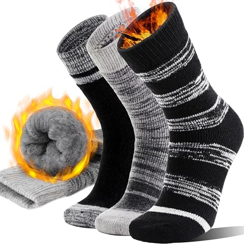 Anlisim Thermal Heated Winter Warm Socks for Men Women Extra Thick Insulated Ski Crew Boot Gift Socks for Cold Weather 3 Pairs(Black Grey,Large)