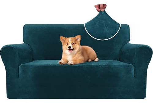 CYCMACO Samt Sofa Überzug 2 Sitzer, Sofabezug Elastische, Couch Überzug Haustier Katze Hunde, Universal Sofa Cover Moderne, Sofahusse Mit Armlehnen, Sofaschoner rutschfest, Dunkel Grün