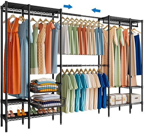 KZOBYD Extendable Clothes Rails with Pull-out Baskets, Length 98-115 inch | 6 Adjustable Shelves, 2 Expandable Coat Rail, Hanging Rods, Metal Heavy Duty Garment Rack, for Wardrobe Closet Clothing Rack
