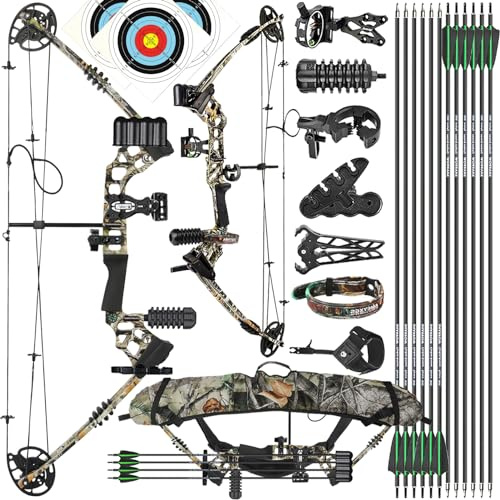 ZSHJGJR Kit Arc à Poulies de Chasse Arc composé Débutants Adultes 20 à 45 lbs 320fps Tir à l'arc Set Professionnel Arcs Compound Set Réglable Arc de Chasse Droitiers/Gauchers (Camo - Set 1, Droitier)