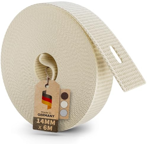 MEISTERBAU - 6m Rolladengurt 14mm [Made in Germany] - Rolladenband für Rollläden an Türen und Fenster - Extrem Reißfest & UV-Stabil - Rollladengurt mit starken Kanten (Creme, 6m lang - 14mm breit)