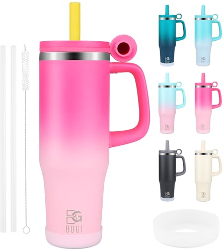 BOGI 40oz Thermobecher mit Strohhalm und Henkel, 1200ml Kaffeebecher To Go mit Deckel Edelstahl Isolierbecher mit Griff Auslaufsicher Tumbler Cup Tragbare Autobecher Tumbler Becher Reisebecher