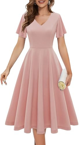 Bridesmay Robe de cocktail pour femme, coupe trapèze, longueur midi, robe d'invitée de mariage, pour le thé, les fêtes de fin d'année, rose poudré, Taille XL