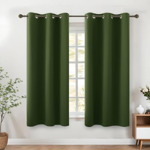 KOUFALL - Cortinas opacas, cortas, estilo rústico, vintage, para decoración de cocina y ventanas de baño, 114 cm de largo, verde oliva oscuro