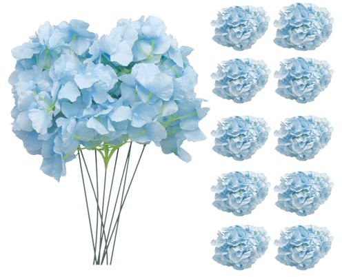FORYNXHWIN 10 Stück künstliche Hortensien Köpfe mit Stielen, Flauschige große Rispenhortensie gefälschte Blumen für DIY Blumenarrangements, Hochzeitsfeier Home Office Dekor(Himmelblau)