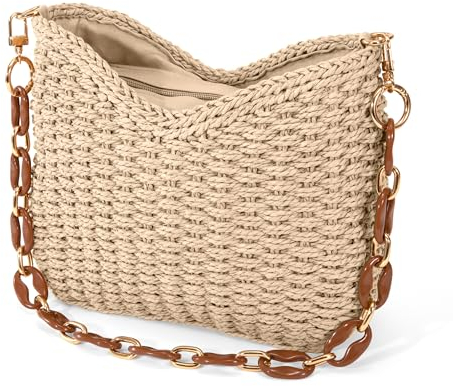 LYCHEON Strandtasche Damen Sommer, Handtasche KorbtascheStroh Umhängetaschen mit Reißverschluss, Handgemachte Schultertaschen für Strand Reise (Beige)