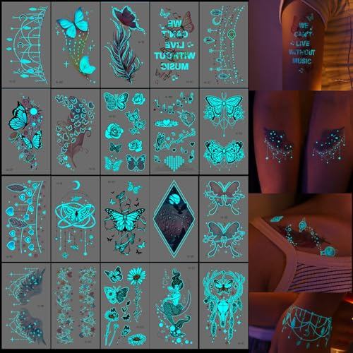 KASESSS 20 Blätter Tattoo Blau im Dunkeln Leuchtend, Temporäre Tattoos Erwachsene Festival Fake Tattoo Glow Klebetattoos Schmetterling zum Aufkleben Leuchtende Party Deko