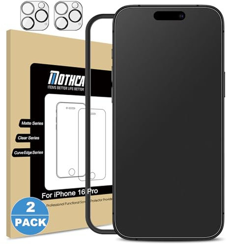 Mothca 2 Pack Matte Glass Screen Protector for iPhone 16 Pro [6.3 inch] + 2 Pack Camera Lens Protector, Anti-Glare & Anti-Fingerprint (Not Privacy Film) Tempered Glass, Bubble Free, Smooth as Silk