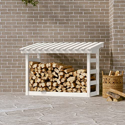 Somanki Kaminholzregal, Holzunterstand, Holzstapelhilfe, Aufbewahrung Holz, Holzregal, Brennholzregal Außen, Kaminholz Aufbewahrung, Weiß 108x64,5x78 cm Massivholz Kiefer