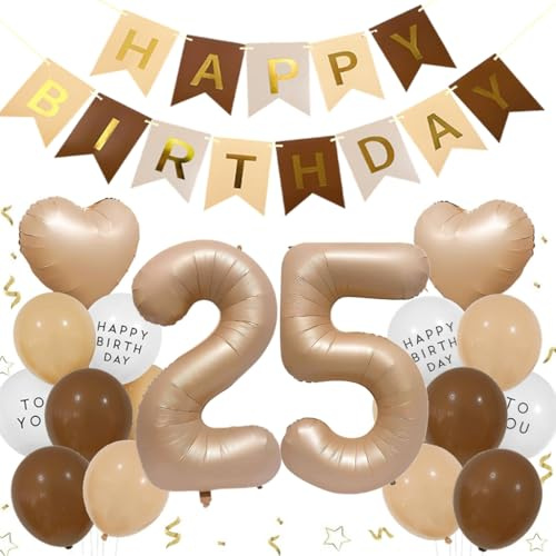 Feelairy Geburtstagsdeko 25 Jahre Frauen, 25 Geburtstag Deko Ballons Beige Creme Folienballon 25 Braun, Luftballon Beige Aprikose Happy Birthday Girlande, Ballon 25 Deko zum Geburtstag Männer Frauen