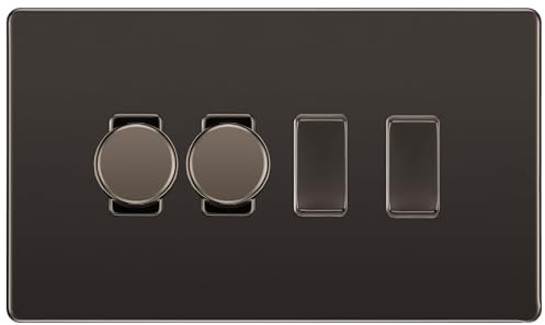 BG Black Nickel Screwless 4 Gang Switch 2x Trailing Edge LED Dimmer 2x 2 Way Custom Switch