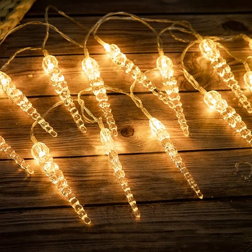 DINOWIN LED Eiszapfen Lichterkette 9.85FT 20LED Batteriebetriebene Wasserdicht Lichterkette für Innen Außen Balkon Terrasse Garten Partys Weihnachten Hochzeit (Warmweiß)