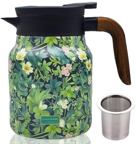 1000ml Thermos Teapot with Infuser, Floral Pattern Tea Kettle Thermos with Handle 316 Stainless Steel Tea Pot with Lid for Hot Drinks