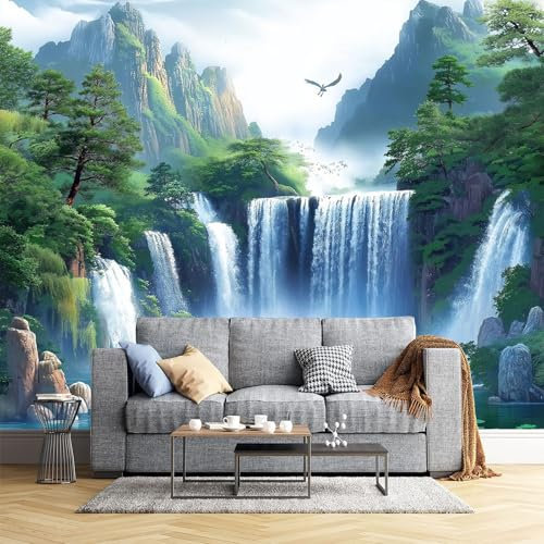 Klippenwasserfall Fototapete - Grüne Landschaft - Größe 400X280Cm (Breite X Höhe) Wandtapete Tapete, Wandbild Wandtattoo Dekoration - Tapete, Kinderzimmer, Kindertapete