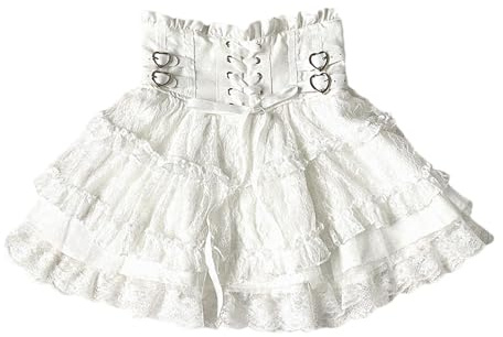 Cuteighteen - Gonna Corta a Volant Lolita Donna Adolescenti Giapponese Y2k Kawaii Elastica a Vita Alta in Pizzo a Strati Fluida Gonna Carina, bianco, Taglia unica