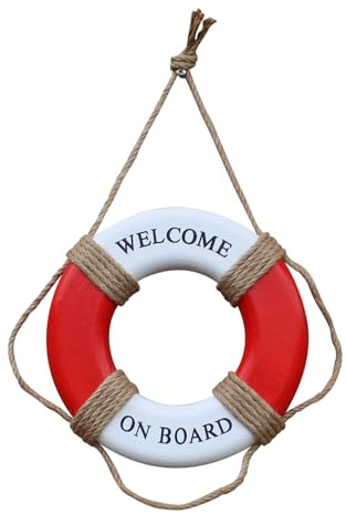 Rettungsring Maritime Deko MDF-Holz bemalt mit Tau rot/weiß Sea-Club