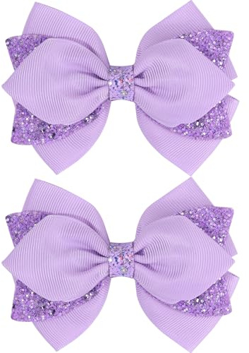 NCMAMA 4 Inch Sparkly Glitter Purple Hair Bow Clips for Girls Boutique Sequin Alligator Barrettes Pins for Teens Toddler Children Kids Grosgrain Hair Accessories for Christmas Halloween Fall Birthday