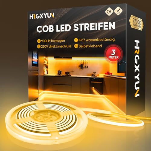 HRGXYUN 230V COB Ruban LED Extérieur, 240 LEDs IP67 Etanche Autocollant, Bande LED 900LM Sans Transformateur Flexible Découpable pour Chambre, Cuisine, Exterieur Décoration, 2700K Blanc chaud, 3m
