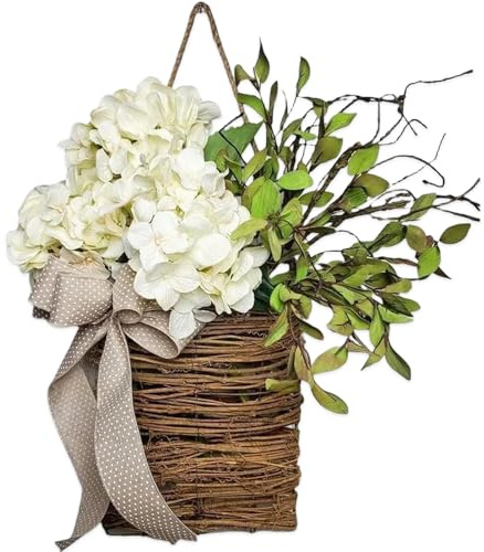Cream Hydrangea Door Hanger Basket Wreath, Spring Summer Wildflower Front Door Wreath, Farmhouse Porch Decor, Artificial Hanging Basket for Home Wall (A)