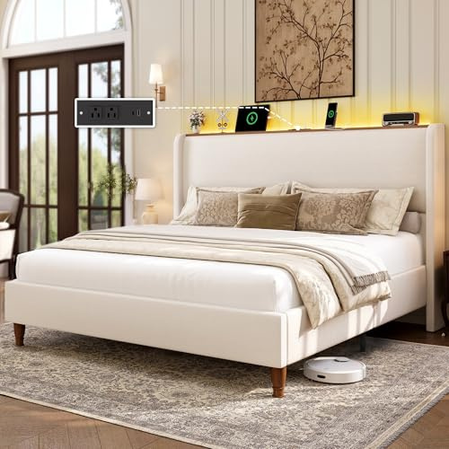 LARMACE Queen Size Bed Frame with LED Lights and Charging Station Linen Upholstered Platform Bed Frame with 51.2 Tall Headboard Wingback and Storage Shelf, No Box Spring Needed, Noise Free, Beige