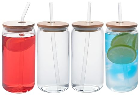 Yumzxin Can-Shaped Glass Tumbler Set (4-Pack) – 480ml Clear Cups with Bamboo Lids & Glass Straws for Beer, Iced Coffee, Soda, Cocktails