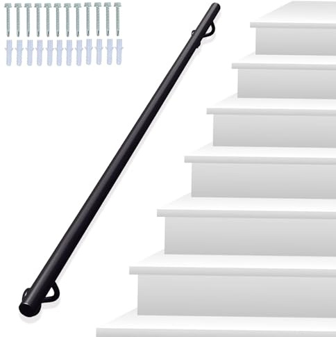 MSHGSKU 30cm~600cm Hand Railing Outdoor Grab Bar Railing Black Metal Stairs Banister Handrail for Indoor Home Corridor Bathroom Lofts, Staircase Railing with Wall Brackets(5ft/150cm)