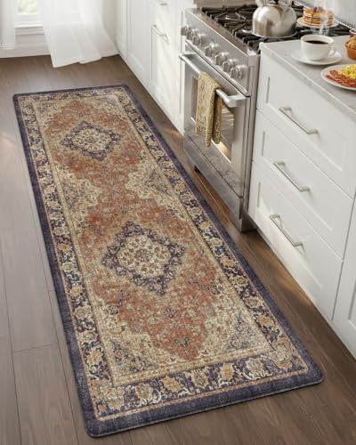 COLOR&GEOMETRY 10mm dick Vintage Küchenläufer rutschfest, 60x150cm | Boho Küchenmatte aus Leder, Wasserfeste & ölbeständige Stehmatte, Küchenteppich Anti-Ermüdungs für Küche, Warmes Korallenrot