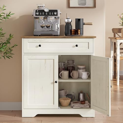 VASAGLE Aufbewahrungsschrank, 1 Schublade, 2 Türen, verstellbare Ablagen | Küchenschrank im Landhausstil, Sideboard, Kaffeebar, 40 x 72 x 80 cm, rustikales Weiss, SIREN Kollektion LSC521WJ01