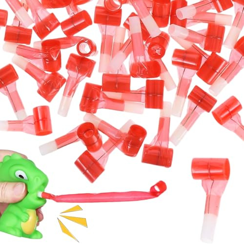 Otbushit 50Pcs Party Blowers 1.26x0.24 Inch Fun Red Plastic Birthday Blowers Novelty Noise Makers for Kids Party Sport Games