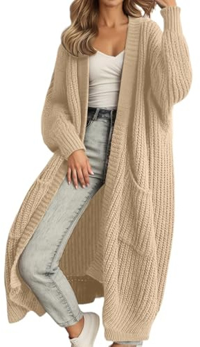 Generisk kofta dam lång grovstickad jacka cardigan oversize vinter koftor stickad rock elegant lång kofta med fickor öppen front tröja kofta lång dam, A07 Khaki, 3XL