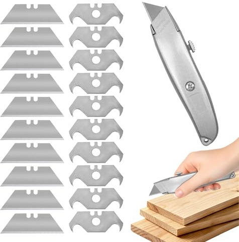 Editbar 21tlg Teppichmesser Profi Hakenmesser Set – Aluminium Cuttermesser mit 20 Ersatzklingen (10 Trapez & 10 Hakenklingen), Selbstarretierendes Universalmesser für Teppich, PVC, Dachfolie & Karton