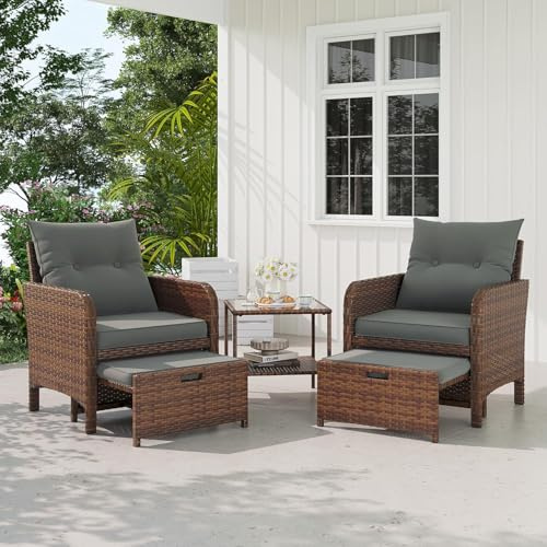 UDPATIO 5-TLG. Rattan Gartenmöbel Set, Balkonmöbel für Kleinen Balkon, inkl. 2 Gepolsterte Sessel, 2 Hocker, 2-stöckiger Kaffeetisch, Wetterfeste Terrassenmöbel für Garten (Braun+Schwarz)