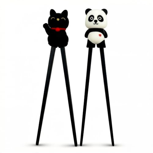 Satiskid 2 Pairs Training Chopsticks Set, Panda & Lucky Cat Beginner Chopsticks, Reusable Non-Slip Learning Chopsticks for Kids Adults, Heat-Resistant Asian Food Utensils for Sushi Ramen Noodles