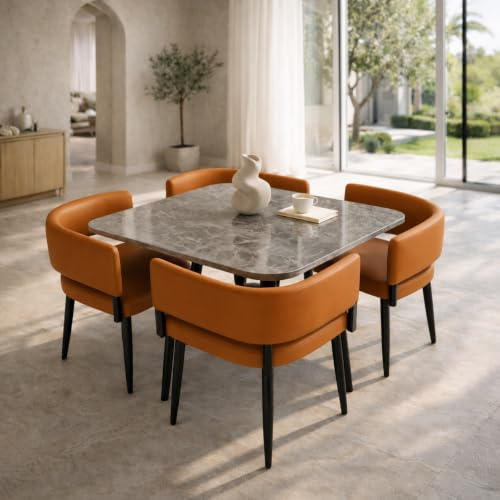 Emirates Living 5 Piece Dining Table Set with 4 Upholstered Chairs | Modern Ceramic Effect Dining Table | Kitchen & Dining Room Furniture | Metal Legs |Orange and Grey