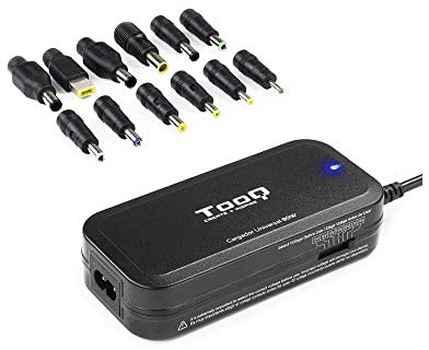 TooQ TQLC-90BS02M - Cargador Universal de 90 W para Ordenador portátil, Salida USB para Cargar Dispositivos, Incluye 12 Conectores Intercambiables DC Multitensión, (100-240V), Color Negro
