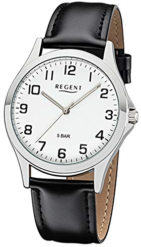 Regent Herren Armbanduhr aus Edelstahl und Leder in der Farbe Silber-Schwarz 40mm, Wasserdichtigkeit: 5Bar, 11110754